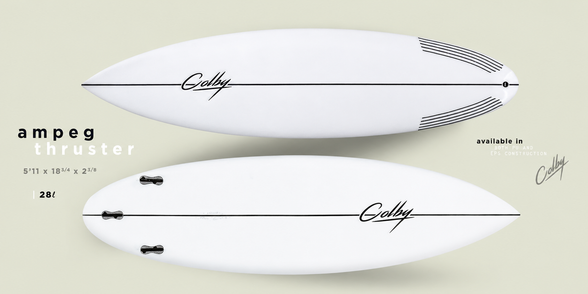 Colby Ampeg thruster surfboard, deck and underside with dimensions and construction details