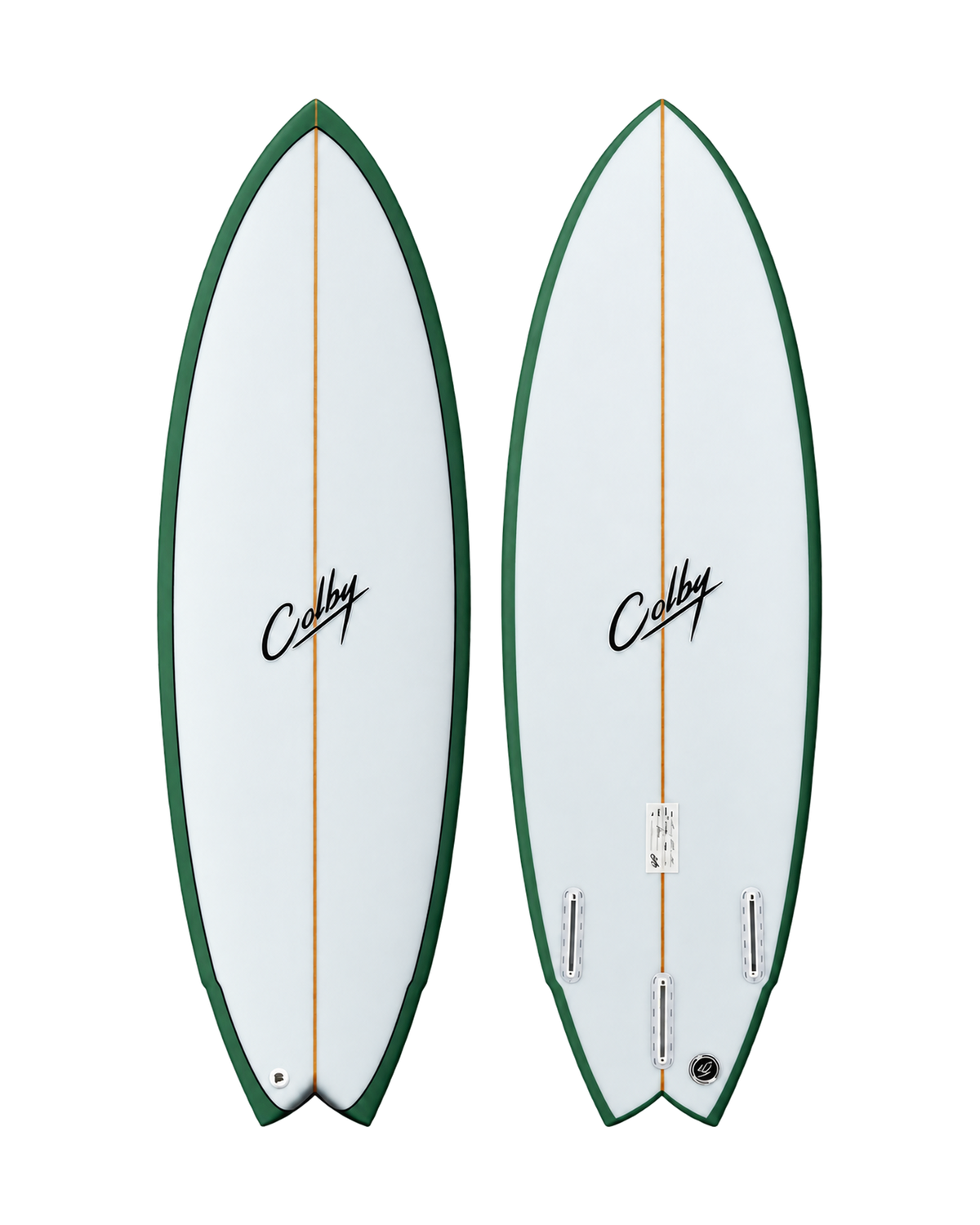 Pro Twin surfboard deck and underside views on a transparent background