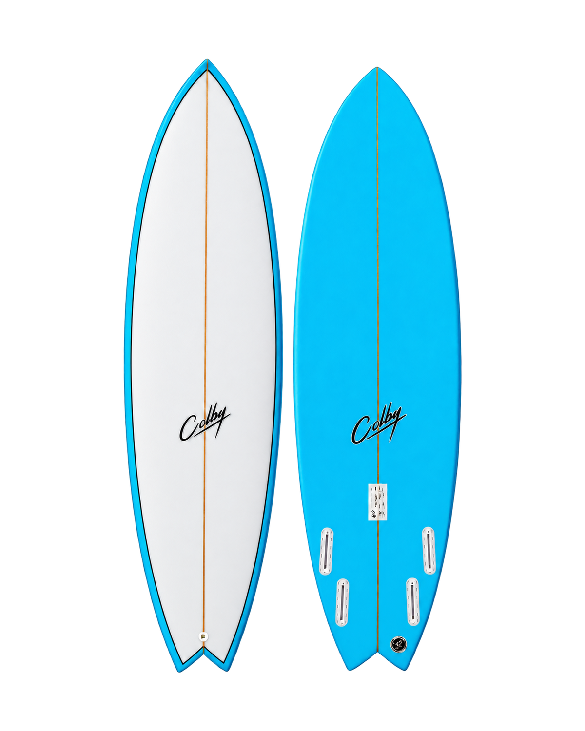 Sword Fish surfboard deck and underside views on a transparent background