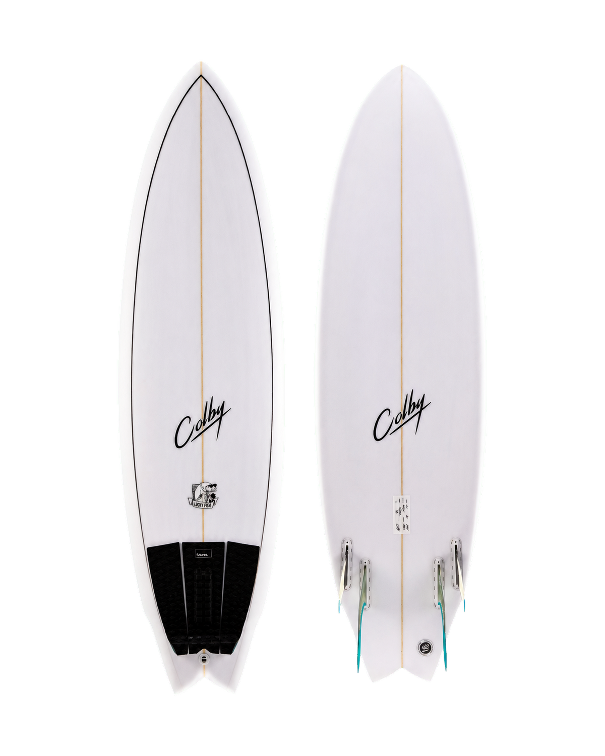 The Lucky Fish surfboard deck and underside